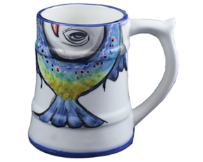 Caneca com arco em faiança, pintada à mão, motivo peixes