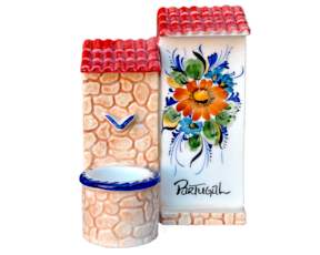 Fonte com dois telhados em faiança pintada à mão motivo flor multicolor
