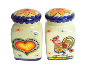 Conjunto saleiro & pimenteiro em faiança pintado à mão motivo nice day