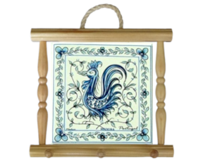 Suporte de  panos em madeira natural 15x15 cm galo de Águeda azul
