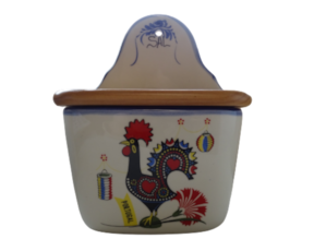 Saleiro em faiança decorado com tampa de madeira motivo galo de Barcelos