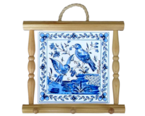 Suporte de panos em madeira natural 15x15 cm pássaros azul