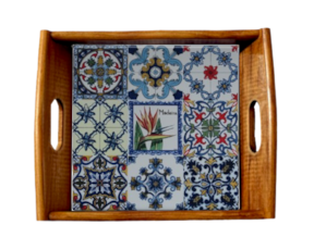 Tabuleiro asa lisa envernizado com azulejo 15x15 cm multi-padrão estrelícia