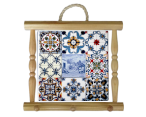 Suporte de panos em madeira natural com azulejo decorado 15x15 cm multi-padrão vimes