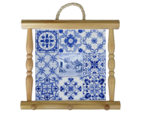 Suporte de panos em madeira natural com azulejo decorado 15x15 cm multi-padrão azul vimes