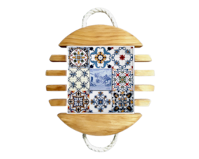 Base de tacho em madeira natural com azulejo decorado 15x15 cm multi-padrão vimes
