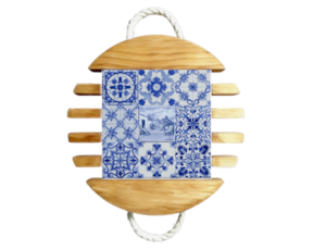 Base de tacho em madeira natural com azulejo decorado 15x15 cm multi-padrão azul vimes