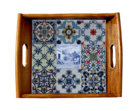 Tabuleiro asa lisa envernizado escuro com azulejo decorado 15x15 cm multi padrão vimes