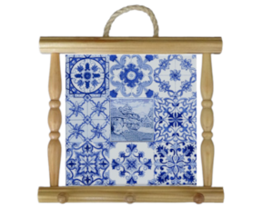 Suporte de panos em madeira natural com azulejo decorado 15x15 cm multi-padrão azul bordadeira