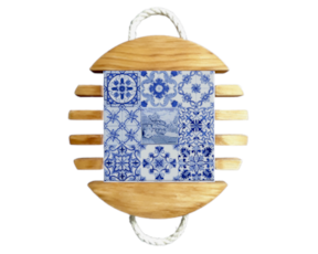 Base de tacho em madeira natural com azulejo decorado 15x15 cm multi-padrão azul bordadeira