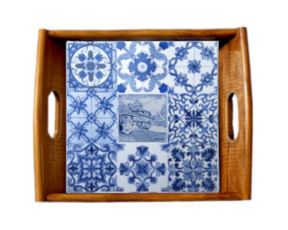 Tabuleiro asa lisa envernizada com azulejo decorado 15x15 cm multi-padrão azul bordadeira