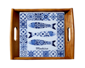 Tabuleiro asa lisa envernizado com azulejo decorado 15x15 cm motivo sardinhas azul