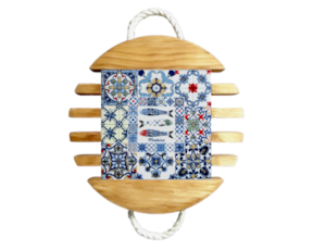 Base de tacho em madeira natural com azulejo decorado 15x15 cm multi-padrão sardinhas