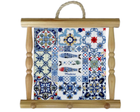 Suporte de panos em madeira natural com azulejo decorado 15x15 cm multi-padrão sardinhas