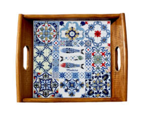 Tabuleiro asa lisa madeira envernizada com azulejo decorado 15x15 cm multi-padrão sardinhas