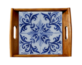 Tabuleiro asa lisa madeira envernizada com azulejo decorado 15x15 cm padrão 31