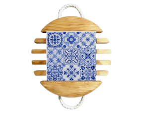 Base de tacho em madeira natural com azulejo decorado 15x15 cm multi-padrão azul