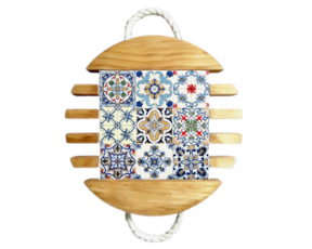 Base de tacho em madeira natural com azulejo decorado 15x15 cm multi-padrão