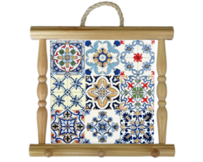 Suporte de panos em madeira natural com azulejo decorado 15x15 cm multi-padrão