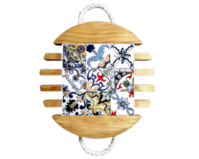 Base de tacho em madeira natural com azulejo decorado 15x15 cm padrão 76