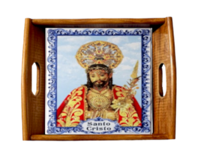 Tabuleiro asa lisa madeira envernizada com azulejo decorado 15x15 cm motivo santo cristo