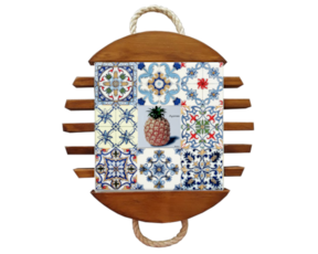 Base de tacho em madeira envernizada com azulejo decorado 15x15 cm multi-padrão ananás