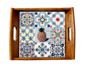 Tabuleiro asa lisa envernizado com azulejo decorado 15x15 cm multi-padrão ananás