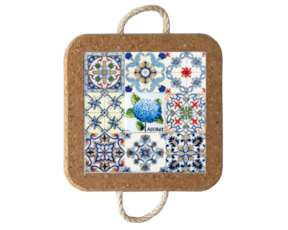 Base de cortiça com corda e azulejo decorado 10x10 cm multi-padrão hortênsia