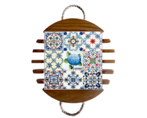 Base de tacho em madeira envernizada com azulejo decorado 15x15 cm multi-padrão hortênsia