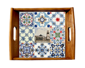 Tabuleiro asa lisa em madeira envernizada com azulejo decorado 15x15 cm multi-padrão portas da cidade