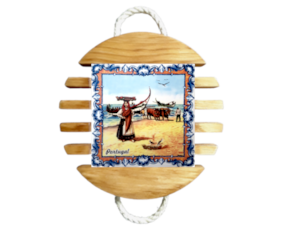 Base de tacho em madeira natural com azulejo decorado 15*15 cm arte xávega