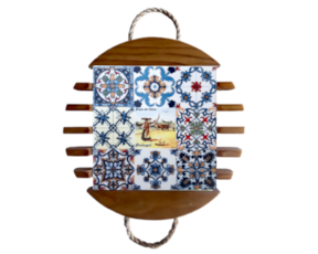 Base de tacho em madeira envernizada com azulejo decorado 15*15 cm multi-padrão arte xávega