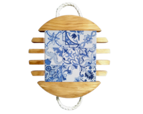 Base de tacho em madeira natural com azulejo decorado 15*15 cm padrão 76A