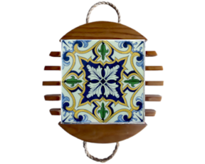Base de tacho em madeira envernizada com azulejo decorado 15*15 cm padrão 79.