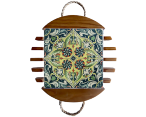 Base de tacho em madeira envernizada com azulejo decorado 15*15 cm padrão 80VA