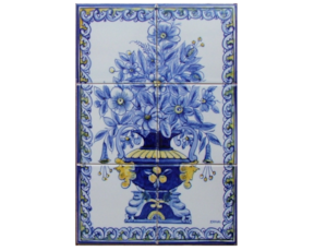 Painel pintado à mão composto por 6 azulejos florão azul e amarelo