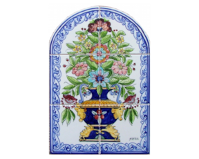 Painel pintado à mão composto por 6 azulejos c/recorte florão cores
