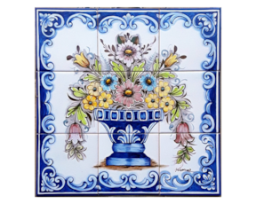 Painel pintado à mão com 9 azulejos florão cor beira azul e amarelo