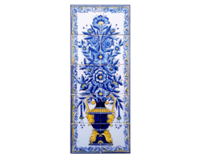 Painel pintado à mão composto por 10 azulejos florão azul e amarelo
