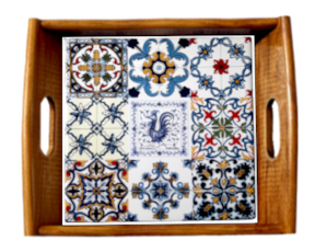 Tabuleiro asa lisa envernizado Multi-padrão Galo de Águeda Azul 15x15 cm