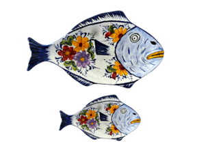 Travessa formato peixe em faiança pintada à mão